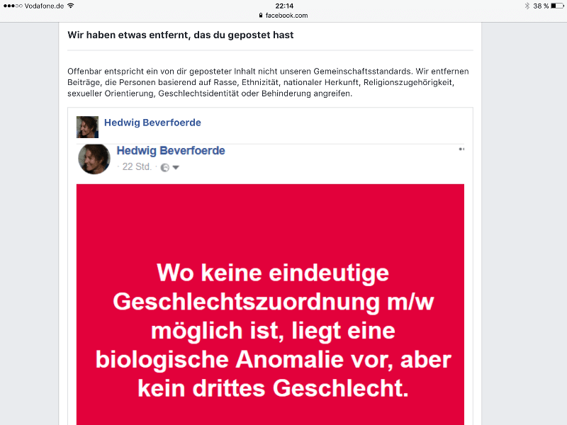 Nach Einschalten von Rechtsanwalt Steinhöfel – Facebook stellt gelöschten Beverfoerde-Kommentar wieder her